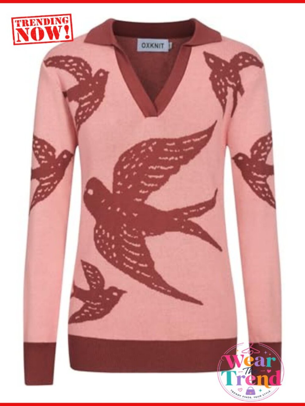 Knit Long Sleeve Polo Shirt Retro Birds Pattern V-Neck Cotton Pullover